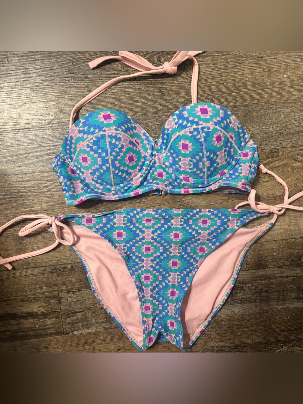 Blue & Pink Geometric Tie-Side Bikini Set